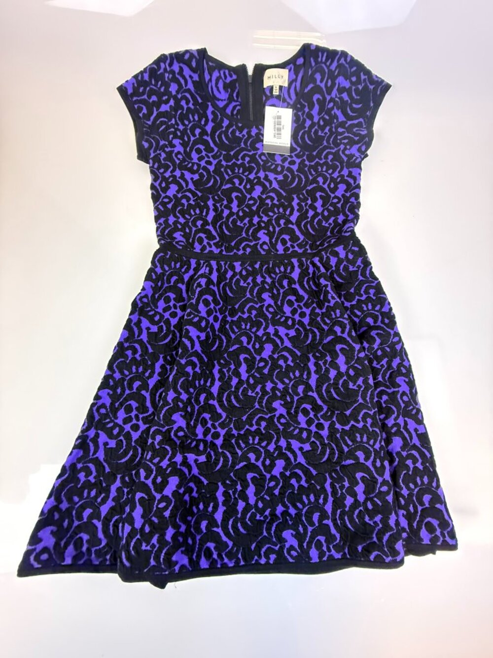 Milly Black & Violet Knit Jacquard Flare Dress J1-20